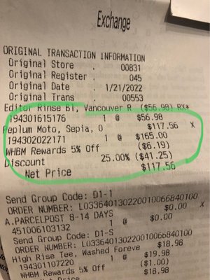 Receipt showing a charge for 117.56 for peplum moto jacket.