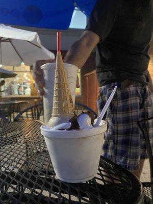 Chocolate dipped Vanilla soft serve on cone and cup