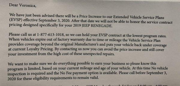 Another car warranty scam under a different name--Endurance. Read the letter and you'll see the language they use to intimidate customers.