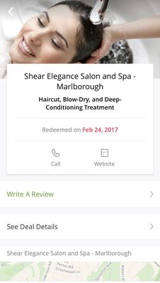 Screenshot of Groupon deal with redeem date & address.