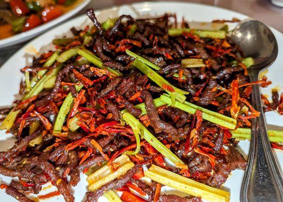 Dry Shredded Beef w.Spicy Peppers (they seem to have left out the spicy peppers!)  $17.99