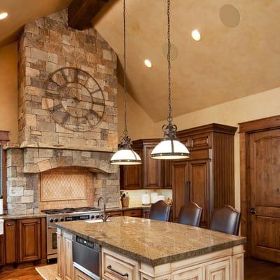 Kitchen with in ceiling speakers and a whole house music system.