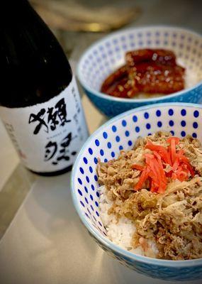 Gyudon (beef bowl), unagi rice bowl, and sake of course