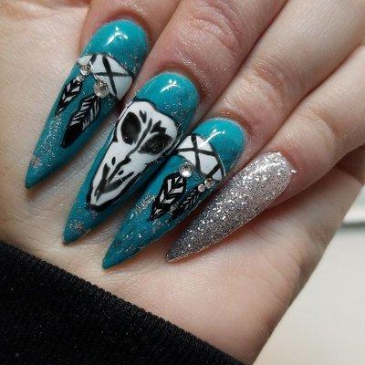 Long nail fill with elaborate art