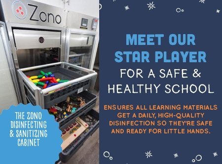 Our Zono Sanitizing Cabinet uses UV light (not heat) to clean toys, books, crayons and more