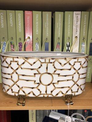 Port 68 Scalamandre Design Cachepot with brass feet, Thibaut Wallcoverings-lets talk.