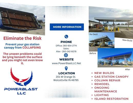 PowerBlast LLC brochure - we build new gas station canopies and repair them as well. eliminate the risk of a canopy collapse