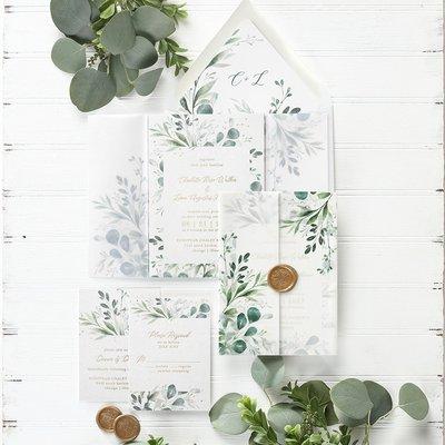 Greenery translucent wrap invitation suite