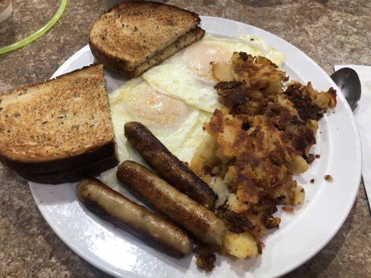 2 eggs, sausage, home fries (well done) and rye toast. Love diner breakfasts!