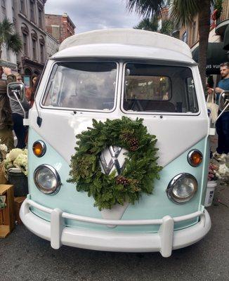 This renovated VW bug sells flowers.