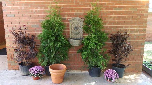 The courtyard outside with fountain.