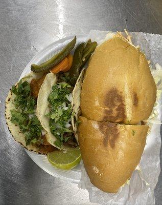 Here we have a torta de pollo and two tacos with cebolla y cilantro. You can custom make your foods to your likings!