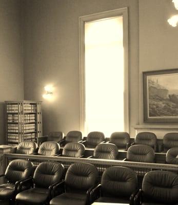 View of the jury box from defense table, waiting to pick a jury for a felony case.