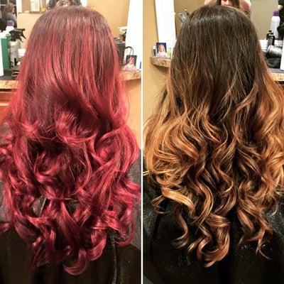 Gorgeous transformation! From brilliant red to brown/blonde ombre. Hair by Danielle