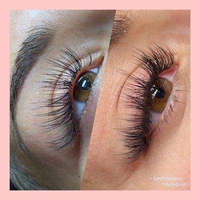 Let's talk about retention! The left photo was taken 29 days after her original set! Volume lashes look full from start to finish!