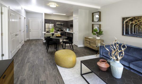 Living room with white walls and hardwood flooring