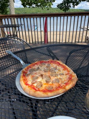 Small 10" sausage pizza.... With a view of the lake.