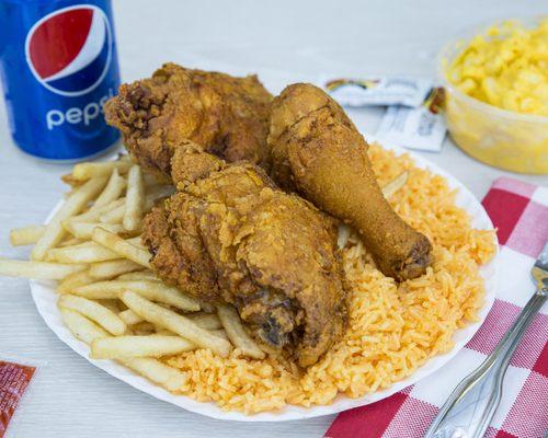 Our most famous platter 3pc  chicken half rice half french fries !!!