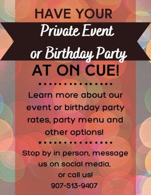 Private Event/Birthday party info flyer for On Cue