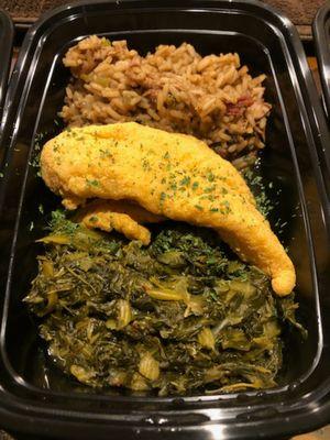 Homemade dirty rice homemade greens and fried fish