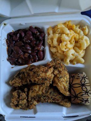 Build a plate $12 lemon pepper tenders, red beans and rice, mac and cheese, and cornbread muffin