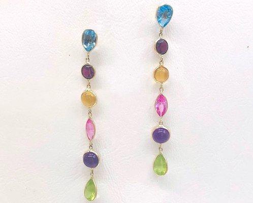 Multicolor Gemstones 6 Drop Earrings in 14K Yellow Gold