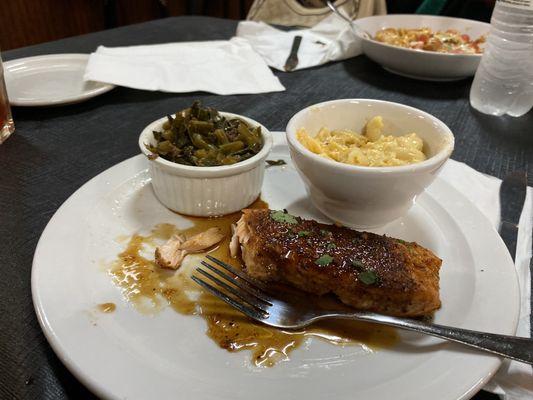 Honey Bourbon Salmon, collard greens, and Mac and Cheese