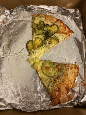 Dill pickle pizza. Forgot to take a picture beforehand and it was so delicious I almost ate it all without getting a picture of any of it