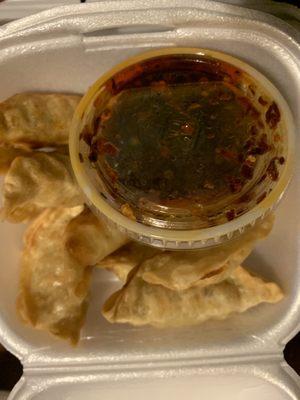 Fried dumpling - sauce is spicy!