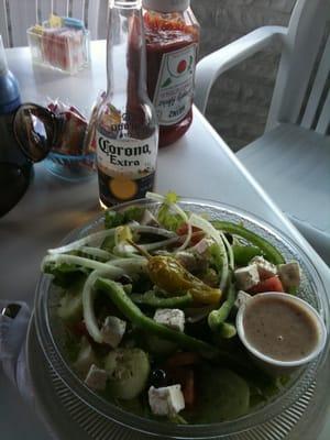 Small Greek Salad, Corona w/lime.  Yum.