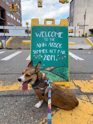 My dog with the Welcome to Art Fair sign!