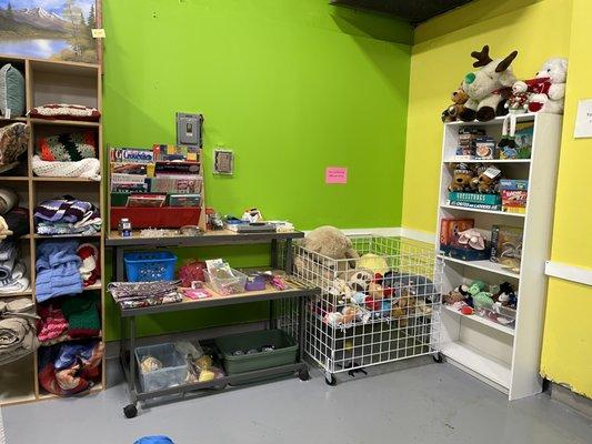 Check out our craft and office supply section. Children get a free stuffed toy, if they choose.