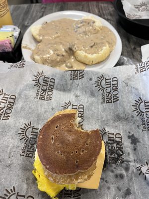 Sausage flapjack sandwich and biscuits and gravy