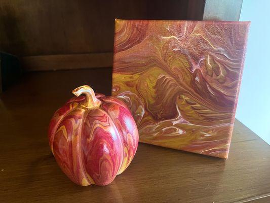 Paint-poured pumpkin with bonus canvas.