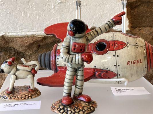 Whimsical ceramic art by local artist Kyle Crutcher.