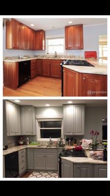 Actual before and after...durable beautiful finish. Don't replace high quality cabinets. we can paint them