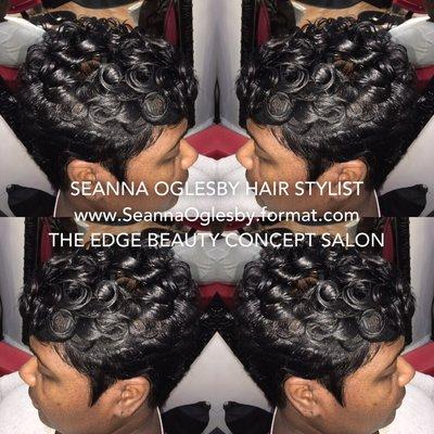 Soft pin curls on a trendy Hair cut by Seanna Oglesby