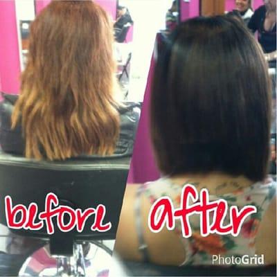 Here is a before and after of my hair. It looks like I dyed too but I just got it cut and got all the dead hear cut off.