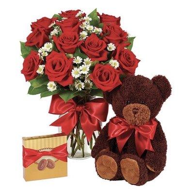 Red roses with teddy bear and box of chocolates