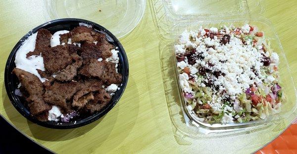 Pita'z gyro bowl and large Greek salad