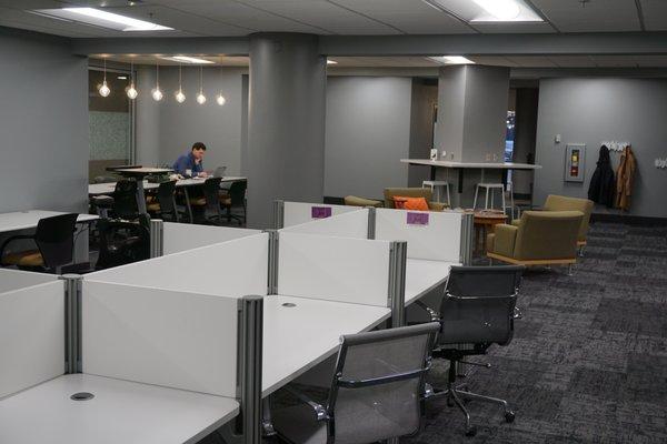 Open-desk work stations in the back 1/2 of the space - providing additional privacy