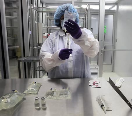 Pharmacist compounding medication in one of our state-of-the-art clean rooms.