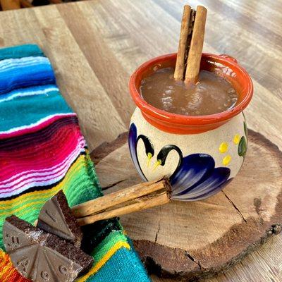 Traditional champurrado ( Mexican hot chocolate thickened with corn masa)