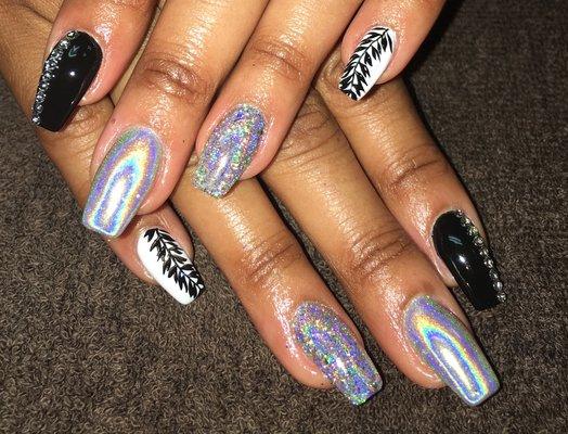 Acrylic nails with Gel, Gel art, Swarovski crystals, holo powder and holo flakes