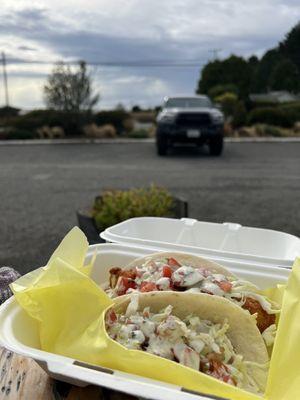 Fish tacos - 1 grilled, 1 fried. Grilled was my favorite!