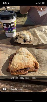 Blueberry scone, apple cinnamon scone, coffee