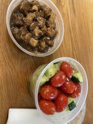 Cucumber and tomato salad and mushrooms with fennel.