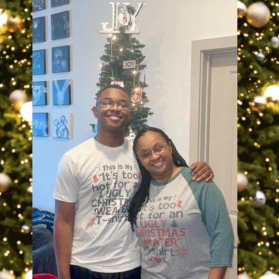 My son & I in our CustomTs. This is my "it's too hot for an ugly Christmas sweatshirt" T-Shirt.