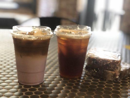 Pineapple Ube Latte, Cold Brew, Lemon Poppyseed Loaf, and Blueberry Lime Loaf