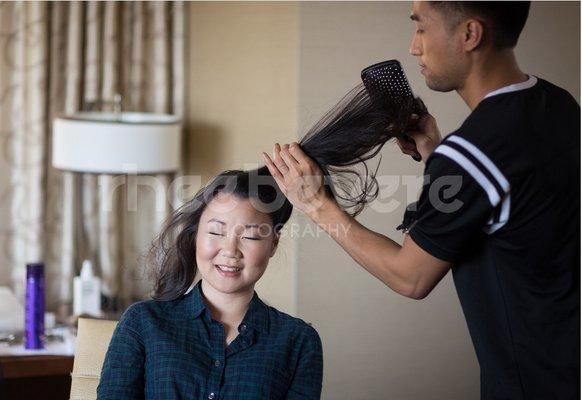 *No Brides were tangled in the making* San Francisco Pro Hairstylist Benji Pow preps bride hairstyle.